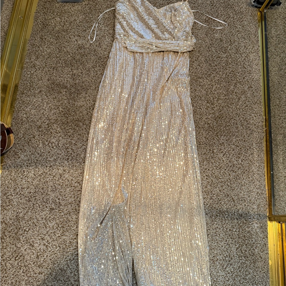 Lulu's Sequin Embellished Jumpsuit in Cream